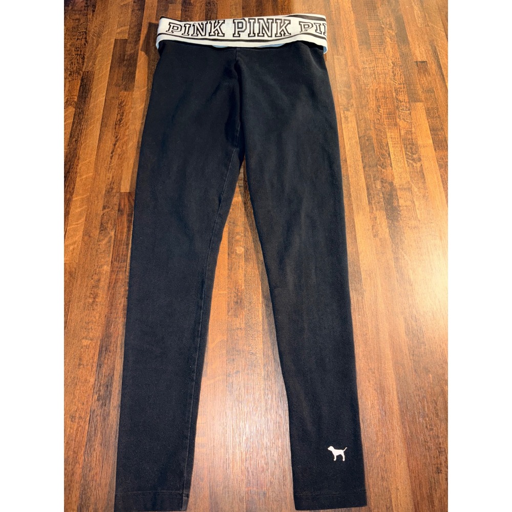 Victoria's Secret PINK Yoga Leggings Black Foldover Waistband XS Dog Logo Pants
